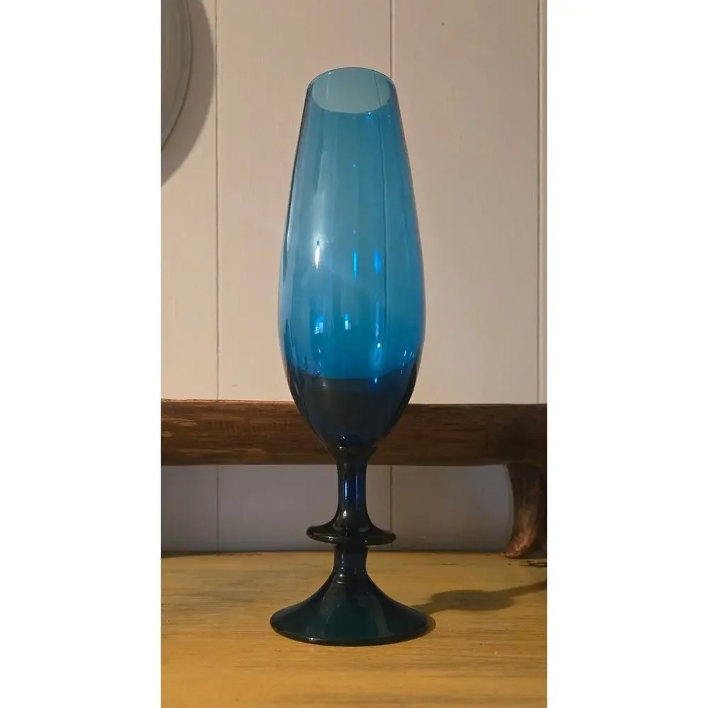 VTG 1970's Italian Blue Glass Footed Tulip Vase/Glass